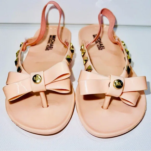 MICHAEL Michael Kors Studded Thong Sandals 9 Pink Bow Girls Heel Strap Jellies - Picture 2 of 6